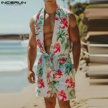 INCERUN Мужской комбинезон без рукавов с V-образным вырезом и цветочным принтом, эластичный пояс, короткие комбинезоны S красный