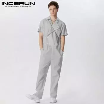 INCERUN Мужской комбинезон с воротником-лацканами и V-образным вырезом на молнии в полоску с коротким рукавом и длинными брюками 4XL розовый