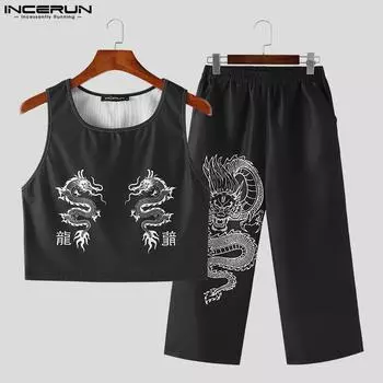 INCERUN Мужской костюм из двух предметов без рукавов, укороченные топы, брюки, повседневные комплекты