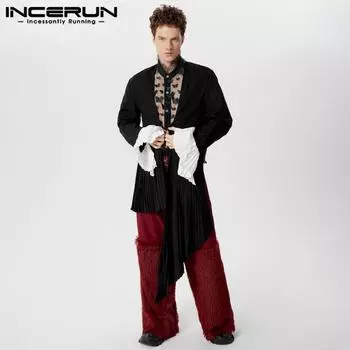 INCERUN Мужской костюм с длинным рукавом, плиссированный, цветной, неровный подол, топы, кардиган 3XL чёрный