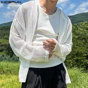 INCERUN Мужской круглый вырез с длинным рукавом на молнии ажурный кардиган ажурное пальто топы S белый