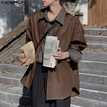 INCERUN Мужской крутой кардиган с длинными рукавами из искусственной кожи с лацканами