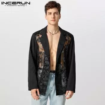 INCERUN мужской кружевной костюм пиджак длинный рукав одна пуговица сетчатые прозрачные пальто S чёрный