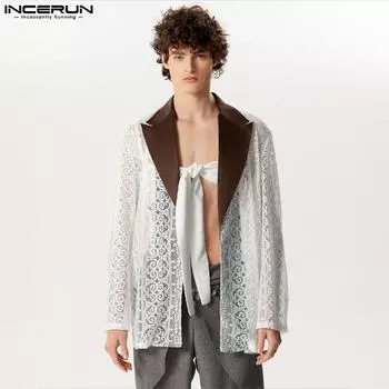 INCERUN Мужской кружевной пиджак-кимоно с открытым передом и длинными рукавами, связанный крючком