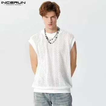 INCERUN Мужской кружевной сетчатый жилет без рукавов, летние повседневные майки