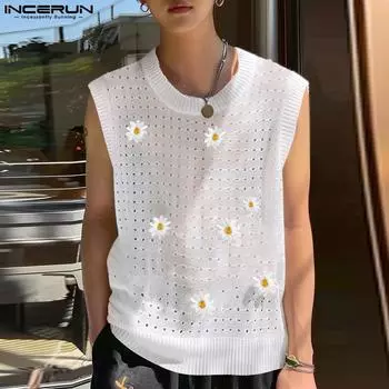INCERUN Мужской кружевной жилет без рукавов с цветочным принтом Праздничный пляжный вязаный крючком майка 4XL белый