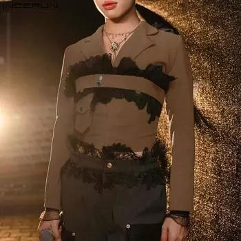 INCERUN Мужской лацкан с длинным рукавом спереди, кружевной пэчворк, короткий пиджак, повседневные тонкие пальто S чёрный