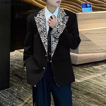 INCERUN Мужской леопардовый принт Лоскутный длинный рукав Блейзер Сшитые повседневные пальто XL чёрный