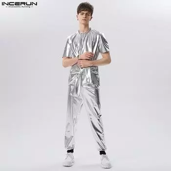 INCERUN Мужской летний комплект из двух предметов с блестящими ремешками
