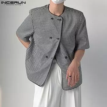 INCERUN Мужской летний пиджак в клетку с короткими рукавами и пуговицами, пальто