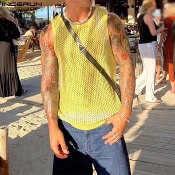 INCERUN Мужской летний пляжный жилет без рукавов без рукавов, топы на бретелях S жёлтый