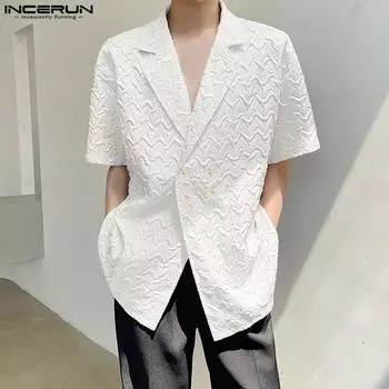 INCERUN Мужской летний свободный костюм, пиджак, рубашка с короткими рукавами и тиснением на лацканах