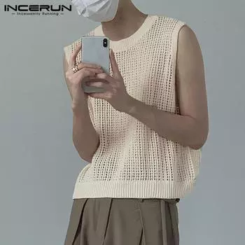 INCERUN Мужской летний жилет без рукавов с открытой сеткой и прозрачной вязаной майкой бежевый