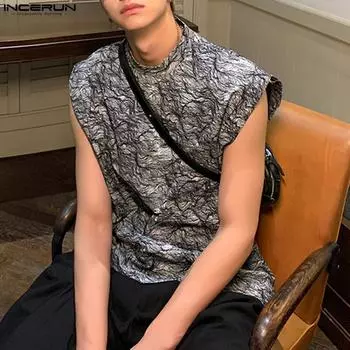 INCERUN Мужской летний жилет без рукавов с принтом, полуводолазка, майки