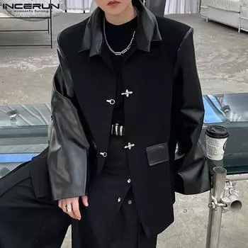 INCERUN Мужской лоскутный пиджак из искусственной кожи с длинными рукавами и кольцевой пряжкой