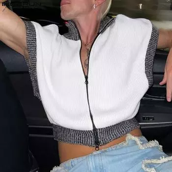 INCERUN Мужской лоскутный жилет без рукавов на молнии, трикотажные майки