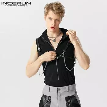 INCERUN Мужской модный комбинезон без рукавов на молнии с воротником-комбинезоном 3XL чёрный