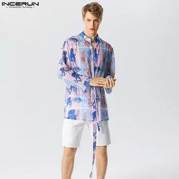 INCERUN Мужской модный шифоновый прозрачный кардиган с галстуком и длинными рукавами