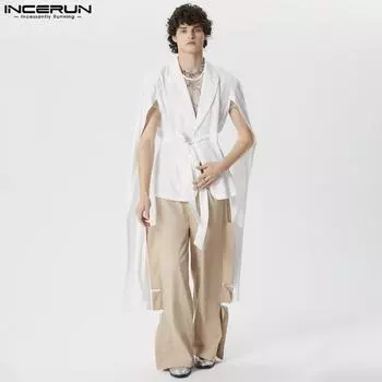 INCERUN Мужской однотонный блейзер на шнуровке с длинными рукавами и повязками 2XL чёрный