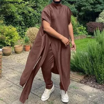 INCERUN мужской однотонный халат на Ближнем Востоке с полувысоким воротником и боковыми разрезами, повседневный костюм, брюки