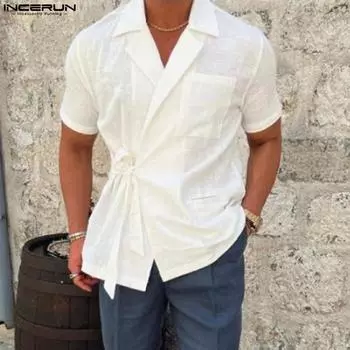 INCERUN Мужской однотонный пиджак с лацканами и короткими рукавами, хлопковые рубашки 4XL чёрный