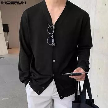 INCERUN Мужской однотонный повседневный вязаный свитер на пуговицах с длинным рукавом 3XL бежевый