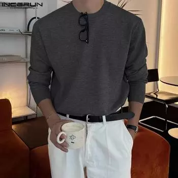 INCERUN Мужской однотонный свитер с длинным рукавом и воротником-стойкой, вязаные топы