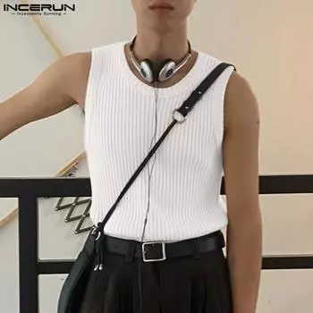 INCERUN Мужской однотонный тонкий жилет без рукавов, летние вязаные майки XL жёлтый