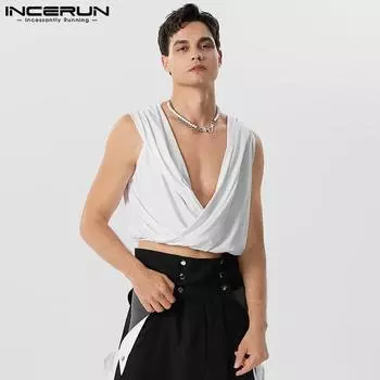 INCERUN Мужской однотонный укороченный топ без рукавов с капюшоном и жилетом