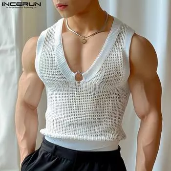 INCERUN Мужской однотонный вязаный ажурный жилет с V-образным вырезом, ажурные прозрачные майки XL белый