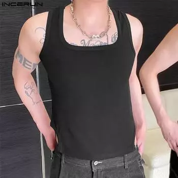 INCERUN Мужской однотонный жилет без рукавов с квадратным вырезом, укороченные тонкие майки