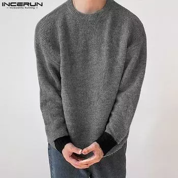 INCERUN Мужской осенне-зимний свитер с длинным рукавом и круглым вырезом, пуловеры