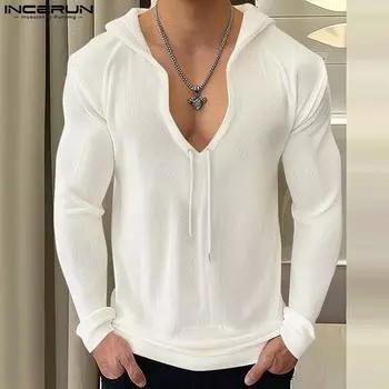 INCERUN Мужской осенний свитер с V-образным вырезом и капюшоном, с длинным рукавом, повседневный вязаный джемпер L белый