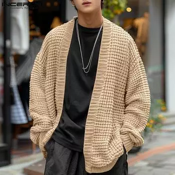 INCERUN Мужской открытый спереди длинный рукав вязаный кардиган повседневное осеннее пальто свитера S хаки