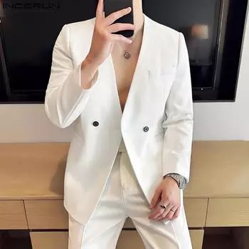 INCERUN Мужской пиджак без воротника с длинным рукавом на одной пуговице, повседневный, свободный, тонкий, пиджак S чёрный