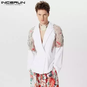 INCERUN Мужской пиджак с длинным рукавом из сетчатой ткани в стиле пэчворк с вышивкой, прозрачный костюм