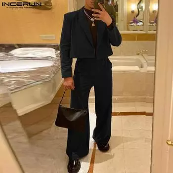 INCERUN Мужской пиджак с длинными рукавами и лацканами, длинные брюки, повседневные костюмы