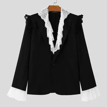 INCERUN Мужской пиджак с глубоким V-образным вырезом и длинными рукавами для вечеринок, кружевное пальто с оборками 4XL