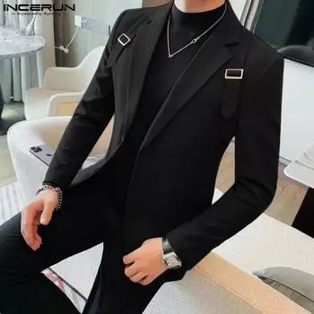 INCERUN Мужской пиджак с лацканами и длинным рукавом на одной пуговице, тонкий пиджак с узкой талией M чёрный