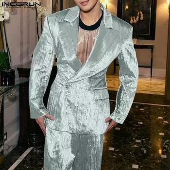 INCERUN Мужской пиджак с лацканами и длинным рукавом, повседневное текстурное пальто S красный