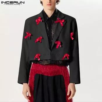 INCERUN Мужской пиджак с лацканами, короткий укороченный пиджак с длинным рукавом и бантом 4XL серый