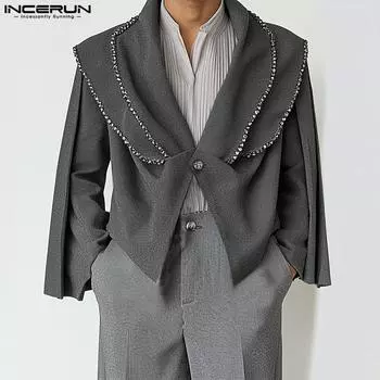 INCERUN Мужской пиджак с оборками и длинными рукавами в стиле пэчворк, повседневные короткие пальто на одной пуговице M чёрный