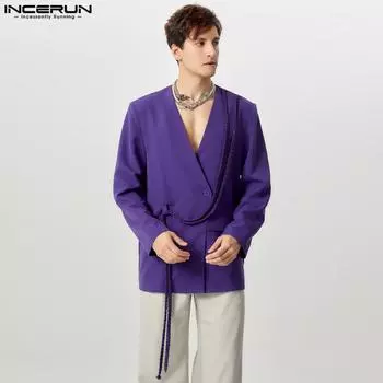 INCERUN Мужской пиджак с V-образным вырезом и длинным рукавом на одной пуговице Повседневное пальто с кисточками 3XL чёрный