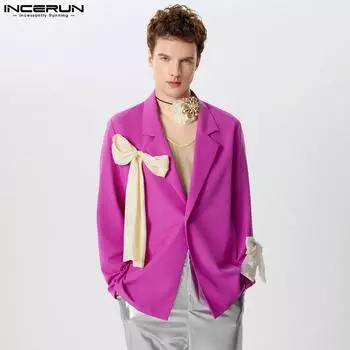 INCERUN Мужской пиджак с заостренными лацканами и длинным рукавом на одной пуговице, повседневный пиджак с бантом S чёрный
