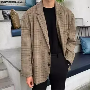INCERUN Мужской пиджак с зазубренными лацканами и длинным рукавом, повседневный свободный пиджак в клетку L