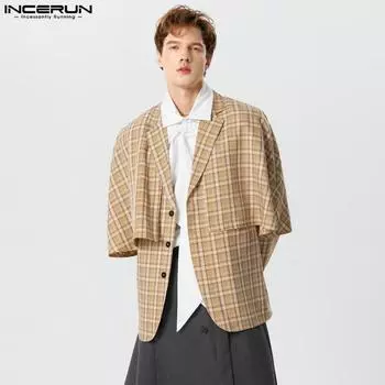 INCERUN Мужской пиджак в клетку с длинными рукавами и лацканами