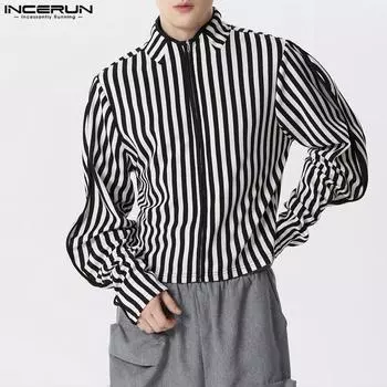 INCERUN Мужской пиджак в полоску с длинным рукавом и воротником-стойкой на молнии