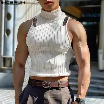 INCERUN Мужской полосатый жилет без рукавов с высоким воротом, повседневные вязаные майки 2XL белый