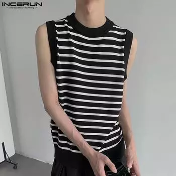 INCERUN Мужской полосатый жилет с круглым вырезом, повседневные майки