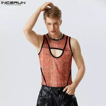 INCERUN Мужской полый жилет без рукавов из змеиной кожи, прозрачные сетчатые майки для отдыха